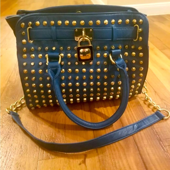 Braciano Handbags - WOMEN'S BRACIANO BLUE SHOULDER HANDBAG LARGE PURSE FAUX LEATHER METAL STUDDED